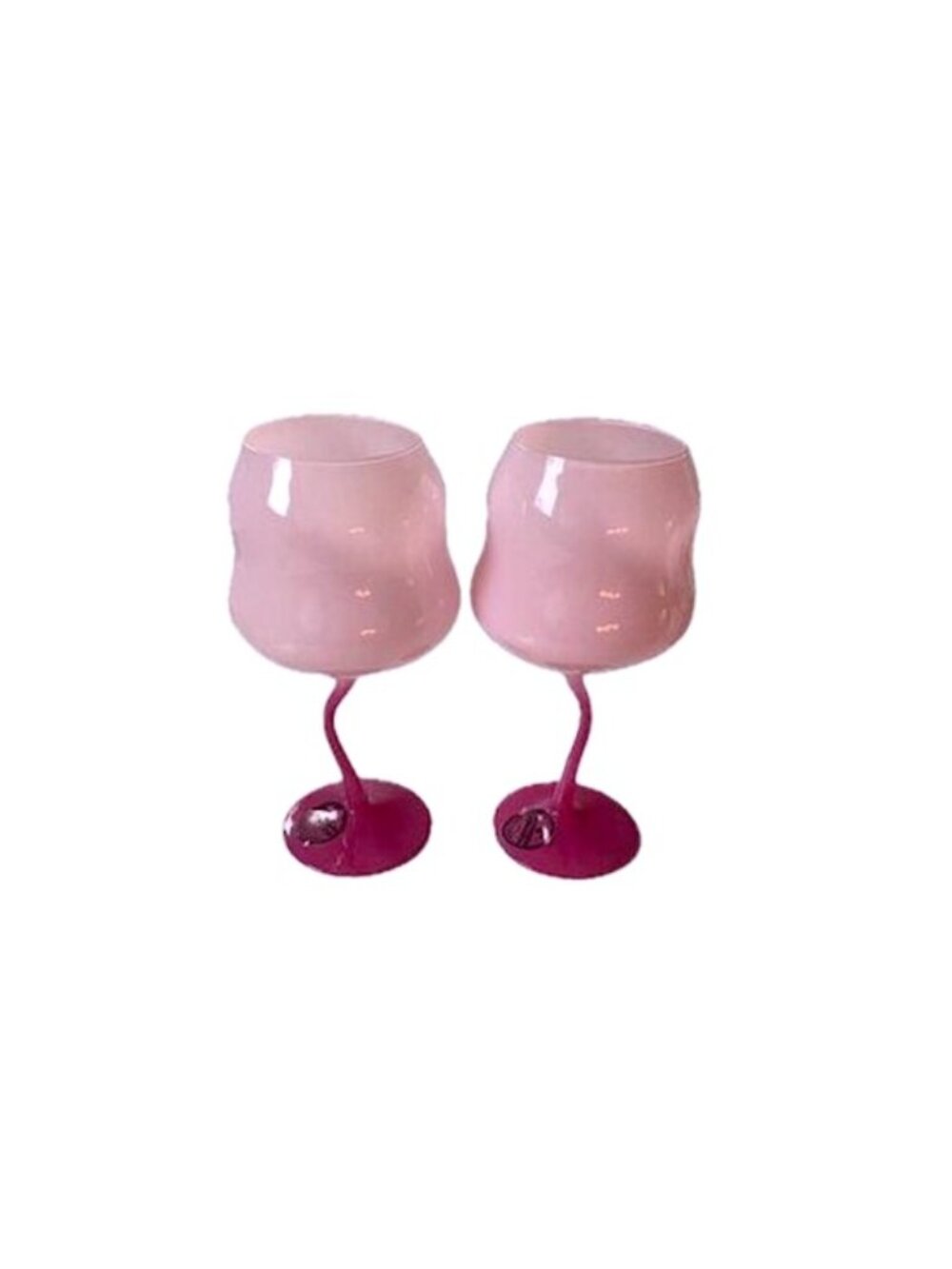 La Tulipe Hand Blown Wavy Stem Wine Glasses  2 Opaque Pink Bulb Goblets NEW